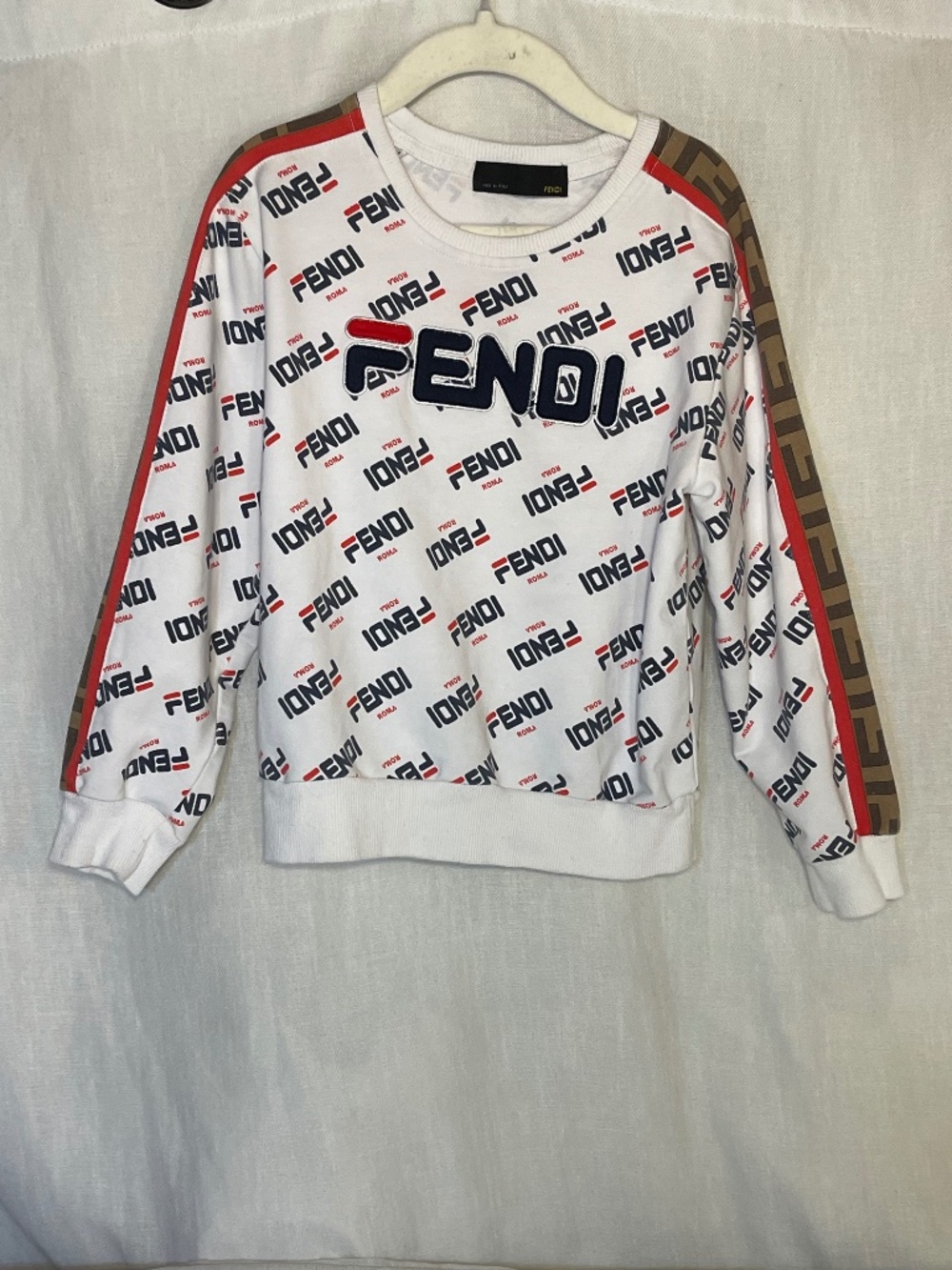 Fendi White Logo-Print Sweatshirt with Brown Monogram Stripe